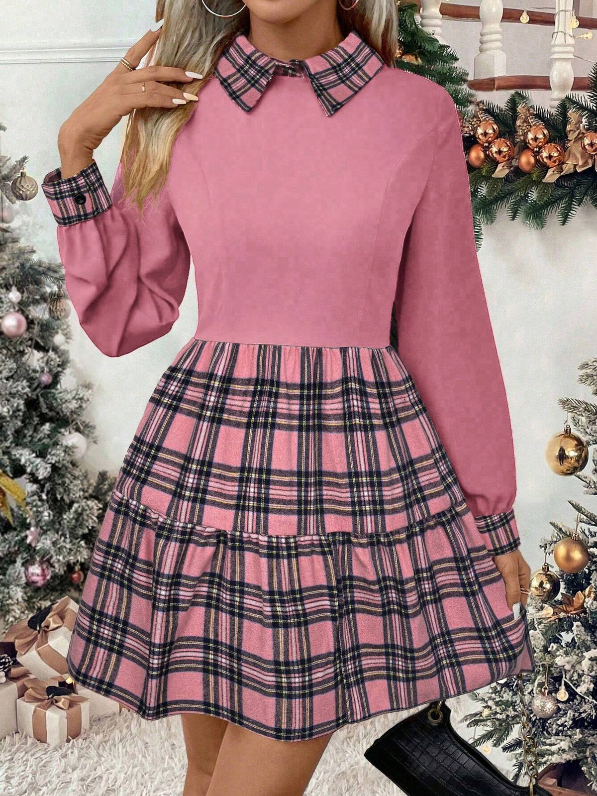 Women Casual Daily Plaid Patchwork Ruffle Trim Hem Dress For Autumn