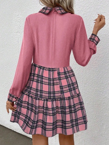 Women Casual Daily Plaid Patchwork Ruffle Trim Hem Dress For Autumn
