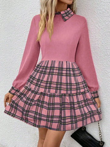 Women Casual Daily Plaid Patchwork Ruffle Trim Hem Dress For Autumn