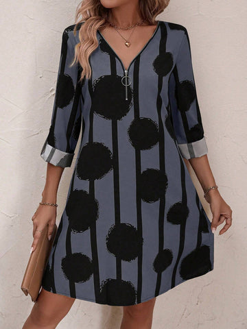 Women Casual Front Zipper Long Sleeve All-Over Print Mini Dress, Simple Design