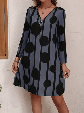 Women Casual Front Zipper Long Sleeve All-Over Print Mini Dress, Simple Design