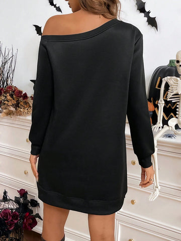 Women Casual Hallween Pattern Asymmetrical Neck Split Dress