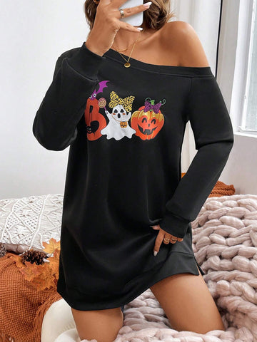 Women Casual Hallween Pattern Asymmetrical Neck Split Dress