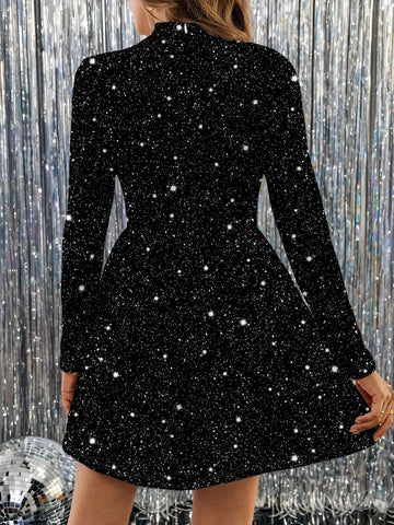 Women Casual High Neck Tight Fit Long Sleeve Umbrella Hem Dress, Rhinestone Printed Pattern