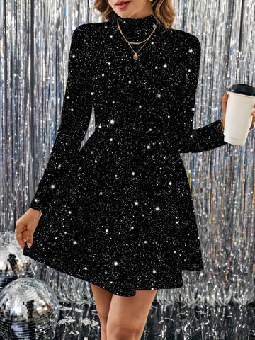 Women Casual High Neck Tight Fit Long Sleeve Umbrella Hem Dress, Rhinestone Printed Pattern