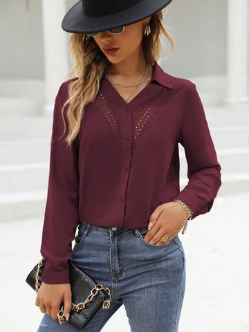 LUNE Women Casual Lace Patchwork Button Up Shirt, Suitable For Daily Wear In Autumn