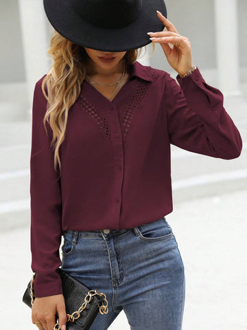 LUNE Women Casual Lace Patchwork Button Up Shirt, Suitable For Daily Wear In Autumn