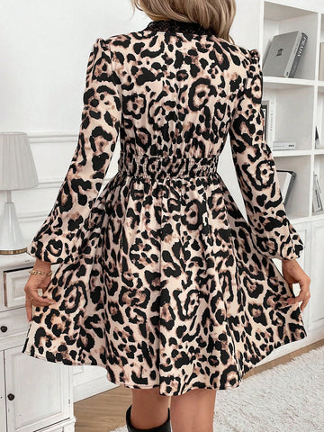 Women Casual Leopard Print Lace Trim Short Dress, Autumn