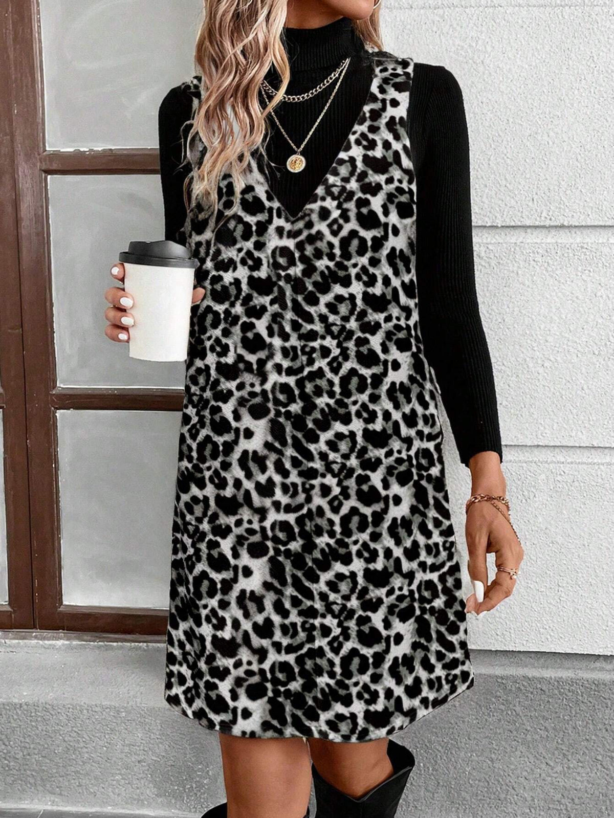 Women Casual Leopard Print Short Dress With Matching Cropped Vest, Suitable For Autumn/Winter