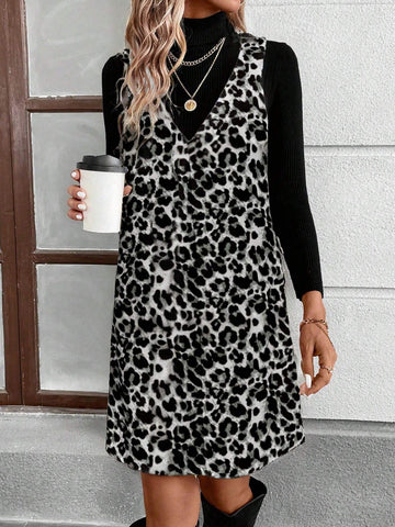Women Casual Leopard Print Short Dress With Matching Cropped Vest, Suitable For Autumn/Winter