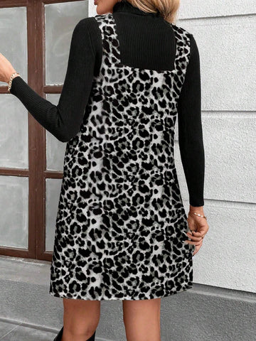 Women Casual Leopard Print Short Dress With Matching Cropped Vest, Suitable For Autumn/Winter
