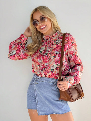 LUNE Women Casual Loose Watercolor Ditsy Floral Shirt