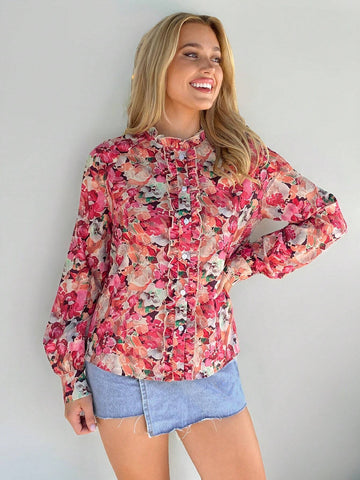 LUNE Women Casual Loose Watercolor Ditsy Floral Shirt