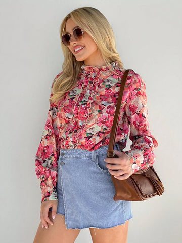 LUNE Women Casual Loose Watercolor Ditsy Floral Shirt