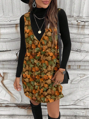 Women Casual Minimalist Autumn Leaf Print Short Dress, Suitable For Autumn/Winter