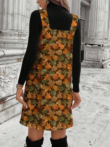 Women Casual Minimalist Autumn Leaf Print Short Dress, Suitable For Autumn/Winter
