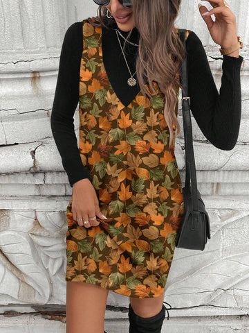 Women Casual Minimalist Autumn Leaf Print Short Dress, Suitable For Autumn/Winter