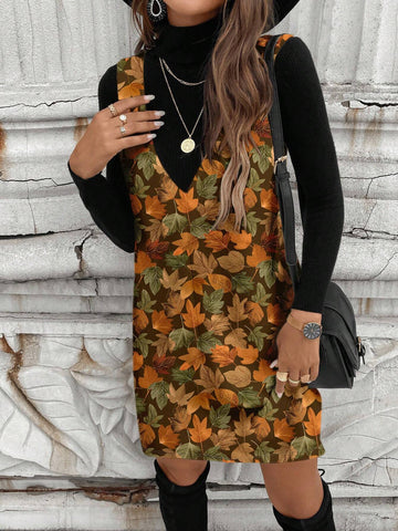 Women Casual Minimalist Autumn Leaf Print Short Dress, Suitable For Autumn/Winter