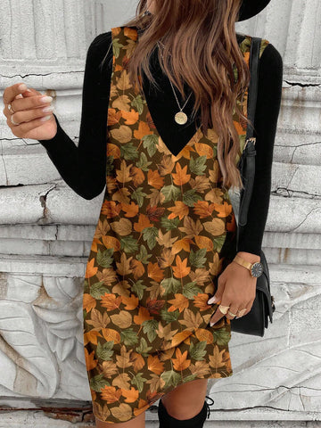 Women Casual Minimalist Autumn Leaf Print Short Dress, Suitable For Autumn/Winter