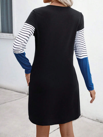 Women Casual Patchwork Long Sleeve Dress