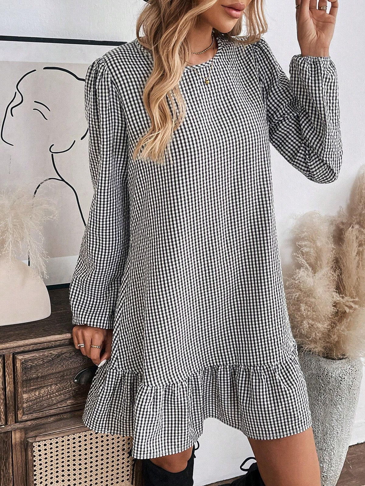 Women Casual Plaid Lantern Sleeve Ruffle Hem Short Dress For Autumn