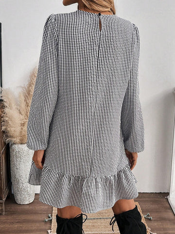 Women Casual Plaid Lantern Sleeve Ruffle Hem Short Dress For Autumn