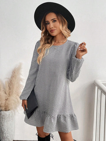 Women Casual Plaid Lantern Sleeve Ruffle Hem Short Dress For Autumn