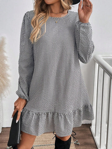 Women Casual Plaid Lantern Sleeve Ruffle Hem Short Dress For Autumn