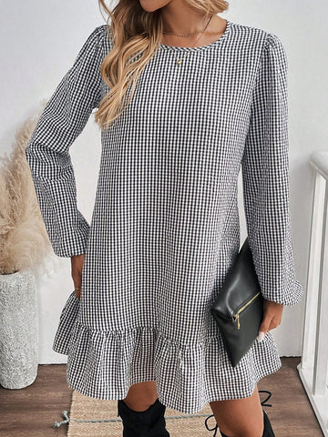 Women Casual Plaid Lantern Sleeve Ruffle Hem Short Dress For Autumn