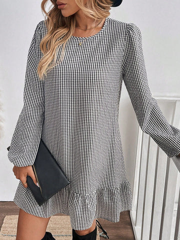 Women Casual Plaid Lantern Sleeve Ruffle Hem Short Dress For Autumn