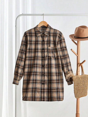 LUNE Women Casual Plaid Print Long Sleeve Shirt, Autumn