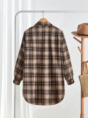 LUNE Women Casual Plaid Print Long Sleeve Shirt, Autumn