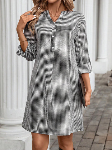 Women Casual Plaid Short Dress, Basic Style, For Autumn And Winter