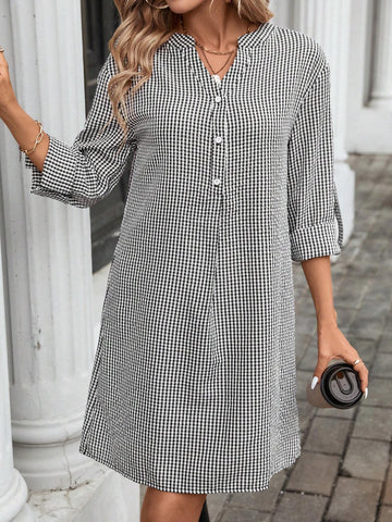 Women Casual Plaid Short Dress, Basic Style, For Autumn And Winter