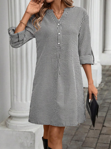 Women Casual Plaid Short Dress, Basic Style, For Autumn And Winter