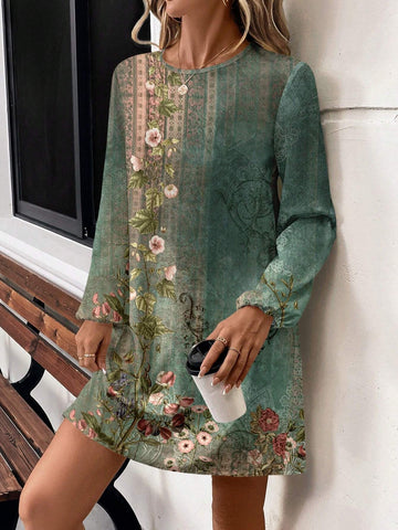 Women Casual Retro Floral Print Round Neck Lantern Sleeve Loose Dress