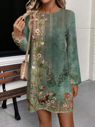Women Casual Retro Floral Print Round Neck Lantern Sleeve Loose Dress