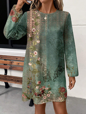 Women Casual Retro Floral Print Round Neck Lantern Sleeve Loose Dress