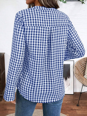 LUNE Women Casual Roll Tab Sleeve Button Front Notched Neck Chest Pocket Gingham Printed Shirt