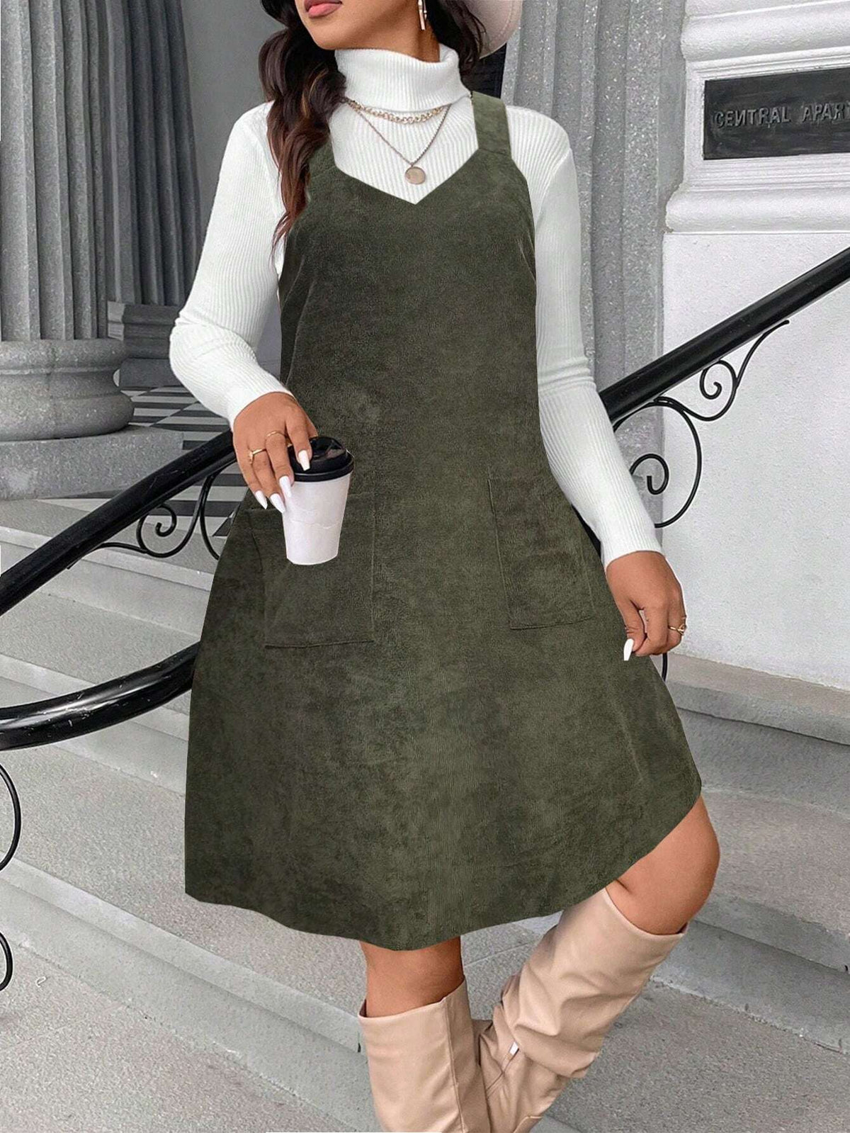 Women Casual Sleeveless Pocket Decor Midi Dress, Suitable For Autumn