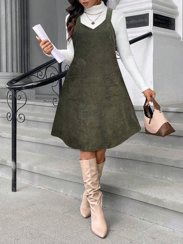 Women Casual Sleeveless Pocket Decor Midi Dress, Suitable For Autumn