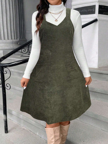 Women Casual Sleeveless Pocket Decor Midi Dress, Suitable For Autumn