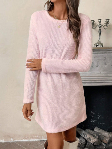 Women Casual Solid Color Long Sleeve Basic Short Dress