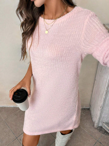 Women Casual Solid Color Long Sleeve Basic Short Dress