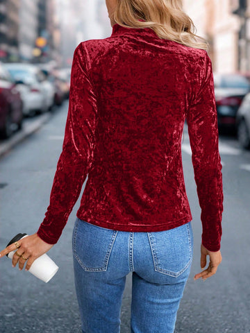 LUNE Women Casual Stand Collar Long Sleeve Top, Minimalist Design, Everyday Wear