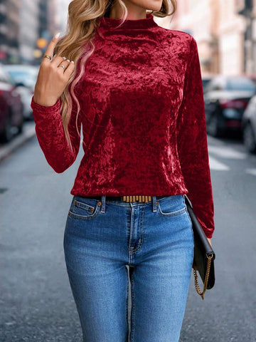 LUNE Women Casual Stand Collar Long Sleeve Top, Minimalist Design, Everyday Wear