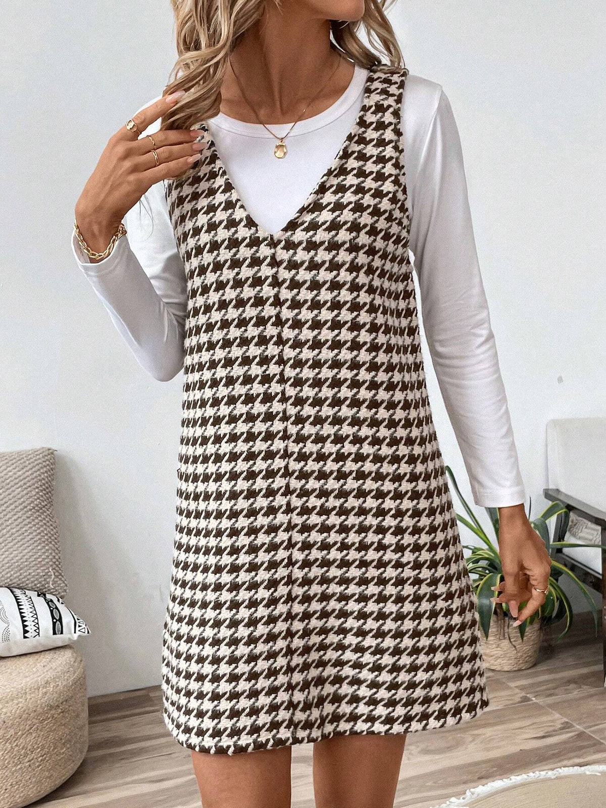 Women Casual Street Style Brown Houndstooth Print Slip Dress, Autumn