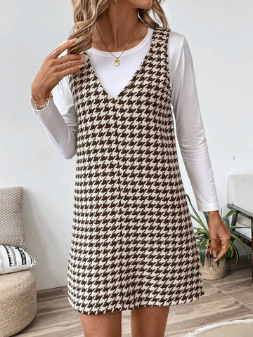 Women Casual Street Style Brown Houndstooth Print Slip Dress, Autumn