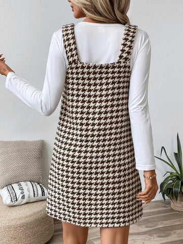 Women Casual Street Style Brown Houndstooth Print Slip Dress, Autumn
