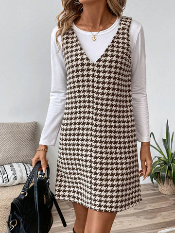 Women Casual Street Style Brown Houndstooth Print Slip Dress, Autumn
